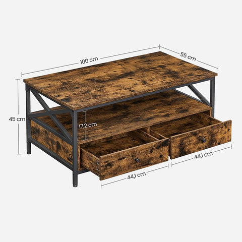 Rootz Coffee Table - Coffee Table With Drawers - Modern Coffee Table - Rustic Coffee Table - Wooden Coffee Table - Outdoor Coffee Table - Chipboard - Steel - Walnut Brown-black - 100 x 55 x 45 cm (L x W x H)
