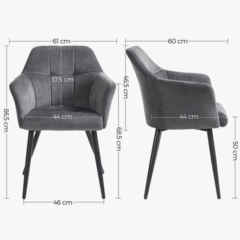 Rootz Dining Chair - Chair - Set Of 2 Dining Chair - Upholstered Dining Chair - Velvet Chair - Chairs For Dining Room - Metal Legs/Wooden Top/Velvet/Foam Padding - Grey - 61 x 60 x 86.5 cm