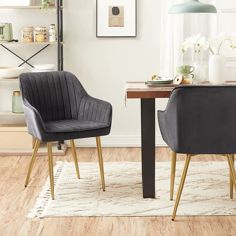 Rootz Dining Chair - Chair - Upholstered Dining Chair - Velvet Chair - Chairs For Dining Room - Metal Legs/Wooden Top/Velvet/Foam Padding - Grey/Gold - 62.5 x 60 x 85 cm