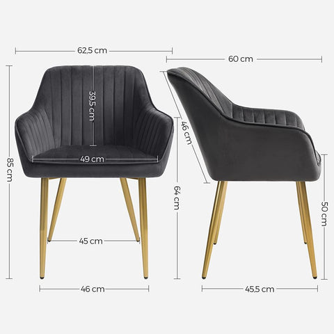Rootz Dining Chair - Chair - Set Of 2 Dining Chair - Chairs For Dining Room - Metal Legs/Wooden Top/Velvet/Foam Padding - Grey/Gold - 62.5 x 60 x 85 cm