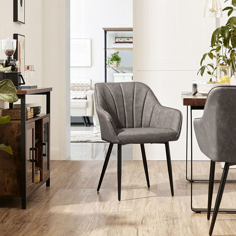 Rootz Dining Chair - Chair - With PU Cover And Armrests - Velvet Chair - Chairs For Dining Room - Grey - 62.5 x 60 x 85 cm