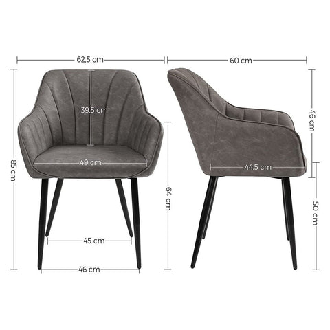 Rootz Dining Chair - Chair - With PU Cover And Armrests - Velvet Chair - Chairs For Dining Room - Grey - 62.5 x 60 x 85 cm