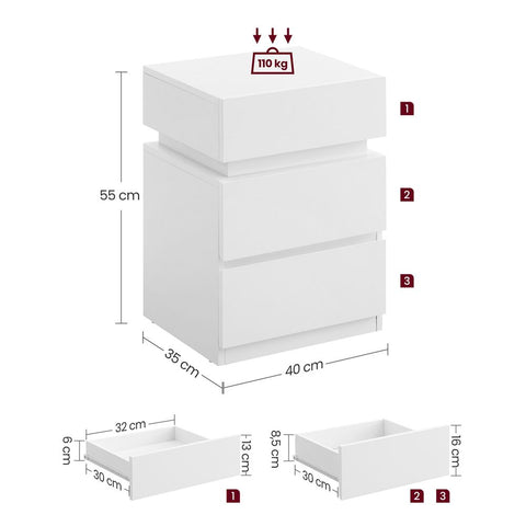 Rootz Bedside Table - Side Table - With LED lighting - LED lighting Bedside Table - White - 33.5 x 40 x 55 cm