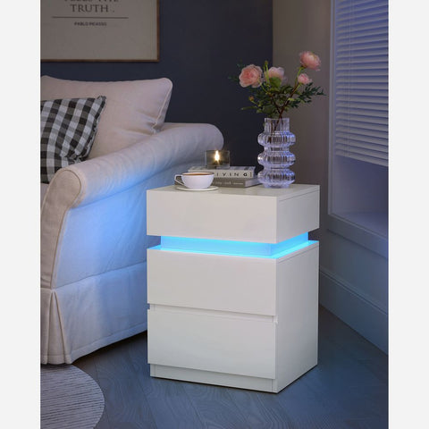 Rootz Bedside Table - Side Table - With LED lighting - LED lighting Bedside Table - White - 33.5 x 40 x 55 cm