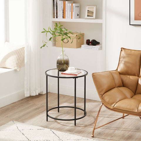Rootz Side Table - Round Side Table - Side Table With Black Metal Frame - Side Table With Glass Surface - Bedside Table - Living Room Side Table - Black - 50 x 55 cm