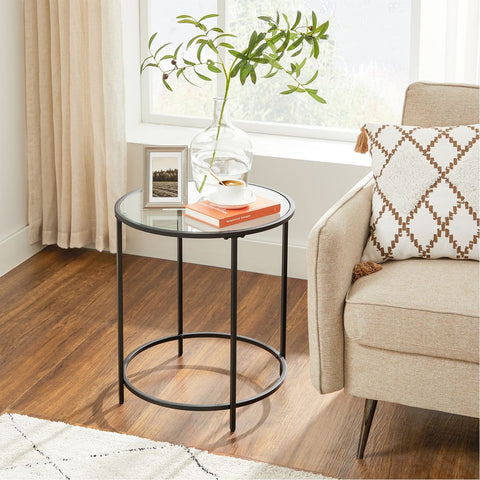Rootz Side Table - Round Side Table - Side Table With Black Metal Frame - Side Table With Glass Surface - Bedside Table - Living Room Side Table - Black - 50 x 55 cm