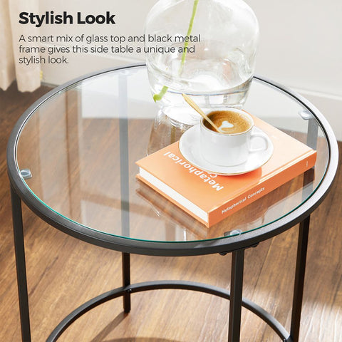 Rootz Side Table - Round Side Table - Side Table With Black Metal Frame - Side Table With Glass Surface - Bedside Table - Living Room Side Table - Black - 50 x 55 cm
