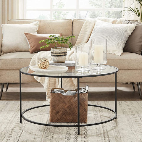 Rootz Coffee Table - Round Coffee Table - Circular Coffee Table - Glass Top Coffee Table - Industrial Coffee Table - Designer Coffee Table - Steel - Tempered Glass - Black - 84 x 45.5 cm (Ø x H)