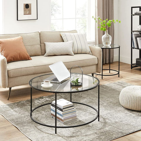 Rootz Coffee Table - Round Coffee Table - Circular Coffee Table - Glass Top Coffee Table - Industrial Coffee Table - Designer Coffee Table - Steel - Tempered Glass - Black - 84 x 45.5 cm (Ø x H)