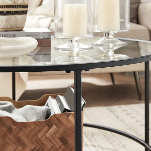 Rootz Coffee Table - Round Coffee Table - Circular Coffee Table - Glass Top Coffee Table - Industrial Coffee Table - Designer Coffee Table - Steel - Tempered Glass - Black - 84 x 45.5 cm (Ø x H)