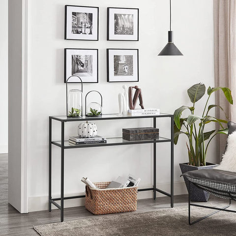 Rootz Console Table - Console Table With 2 Shelves - Entryway Table - Hallway Table - Sofa Table - Modern Console Table - Industrial Hallway Table - Accent Table - Metal - Glass - Black - 100 x 35 x 80 cm (L x W x H)