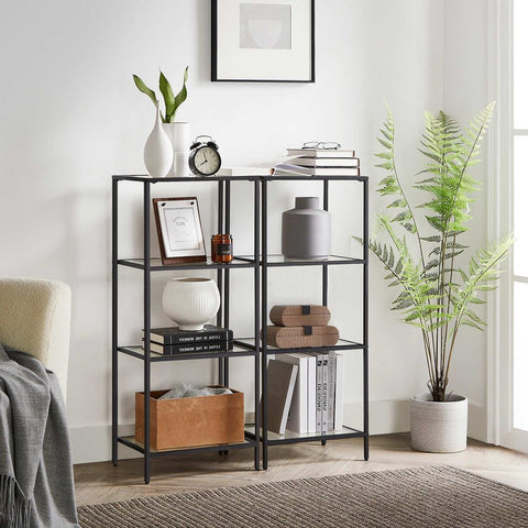 Rootz Standing Shelf - Metal Shelf - Free-standing Shelving Unit - With 4 Shelves - Metal/Glass - Black - 40 x 30 x 95 cm