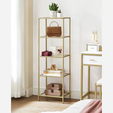 Rootz Standing Shelf - Stand Shelf With 5 Glass Shelves - Shelving Unit - 5 Tier Standing Shelf - Steel/Tempered Glass - Gold - 40 x 30 x 124.5 cm
