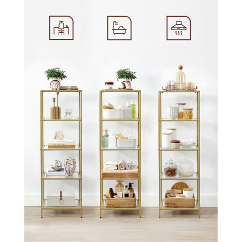 Rootz Standing Shelf - Stand Shelf With 5 Glass Shelves - Shelving Unit - 5 Tier Standing Shelf - Steel/Tempered Glass - Gold - 40 x 30 x 124.5 cm