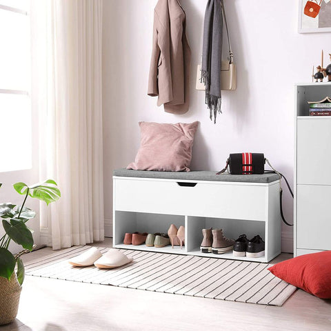 Rootz Shoe Bench - Shoe Storage Bench - Shoe Bench With Storage - With 2 Open Compartments - Shoe Bench With Seat - White/Grey - 100 x 30 x 48 cm