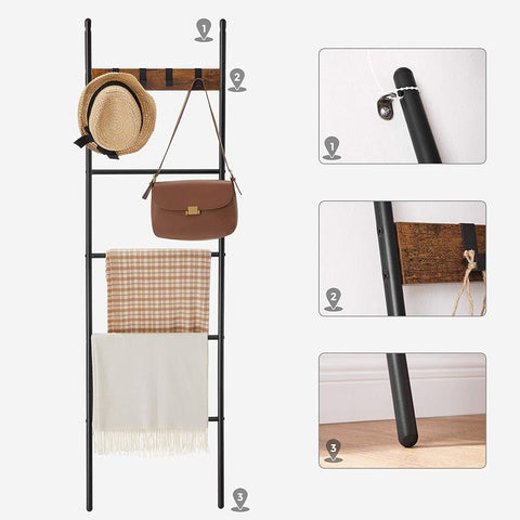 Rootz Towel Ladder - Industrial Style Towel Ladder With Hooks - Bathroom Towel Ladder - Freestanding Towel Ladder - Towel Storage Ladder - Chipboard - Steel - Brown-black - 44 x 160 cm (W x H)