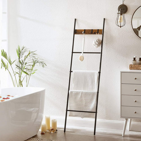Rootz Towel Ladder - Industrial Style Towel Ladder With Hooks - Bathroom Towel Ladder - Freestanding Towel Ladder - Towel Storage Ladder - Chipboard - Steel - Brown-black - 44 x 160 cm (W x H)
