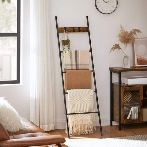 Rootz Towel Ladder - Industrial Style Towel Ladder With Hooks - Bathroom Towel Ladder - Freestanding Towel Ladder - Towel Storage Ladder - Chipboard - Steel - Brown-black - 44 x 160 cm (W x H)