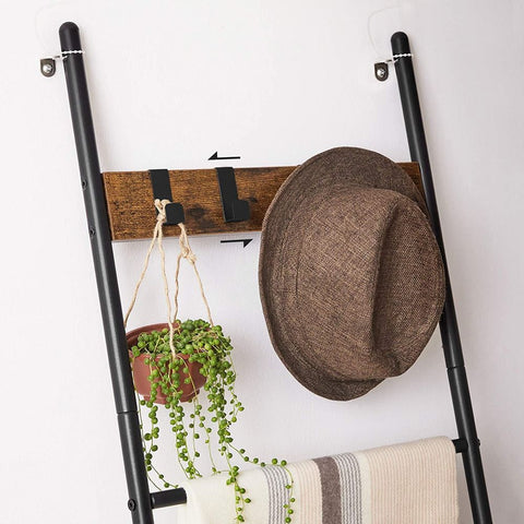 Rootz Towel Ladder - Industrial Style Towel Ladder With Hooks - Bathroom Towel Ladder - Freestanding Towel Ladder - Towel Storage Ladder - Chipboard - Steel - Brown-black - 44 x 160 cm (W x H)
