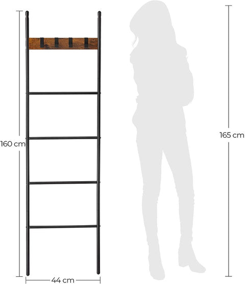 Rootz Towel Ladder - Industrial Style Towel Ladder With Hooks - Bathroom Towel Ladder - Freestanding Towel Ladder - Towel Storage Ladder - Chipboard - Steel - Brown-black - 44 x 160 cm (W x H)