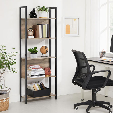 Rootz Bookshelf - Free-standing Shelving Unit - 5 Levels Bookshelf - Bookcase - Open Bookcase - Corner Bookcase - Display Bookcase - Greige/Black - 62 x 24 x 165 cm