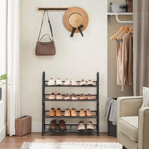 Rootz Shoe Rack - Metal Shoe Rack - With 2 Shelves - 2-Tier Shoe Organizer - Vertical Shoe Storage - Compact Shoe Shelf - Small Space Shoe Holder - Black - 68.5 x 27.5 x 37 cm (L x W x H)