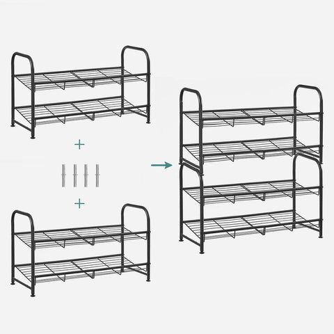 Rootz Shoe Rack - Metal Shoe Rack - With 2 Shelves - 2-Tier Shoe Organizer - Vertical Shoe Storage - Compact Shoe Shelf - Small Space Shoe Holder - Black - 68.5 x 27.5 x 37 cm (L x W x H)