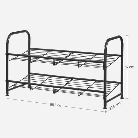 Rootz Shoe Rack - Metal Shoe Rack - With 2 Shelves - 2-Tier Shoe Organizer - Vertical Shoe Storage - Compact Shoe Shelf - Small Space Shoe Holder - Black - 68.5 x 27.5 x 37 cm (L x W x H)