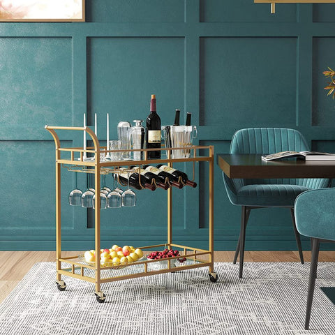 Rootz Serving Trolley - Serving Trolley With Glass Plates - Bar Cart - Rolling Serving Trolley - Kitchen Trolley - Stylish Serving Trolley - Industrial Serving Trolley - Steel - Mirrored Glass - Gold - 80 x 38 x 77.5 cm (L x W x H)