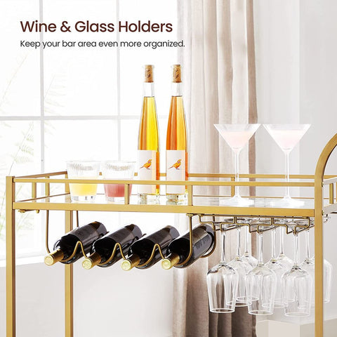 Rootz Serving Trolley - Serving Trolley With Glass Plates - Bar Cart - Rolling Serving Trolley - Kitchen Trolley - Stylish Serving Trolley - Industrial Serving Trolley - Steel - Mirrored Glass - Gold - 80 x 38 x 77.5 cm (L x W x H)
