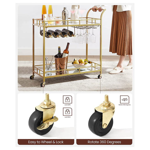 Rootz Serving Trolley - Serving Trolley With Glass Plates - Bar Cart - Rolling Serving Trolley - Kitchen Trolley - Stylish Serving Trolley - Industrial Serving Trolley - Steel - Mirrored Glass - Gold - 80 x 38 x 77.5 cm (L x W x H)