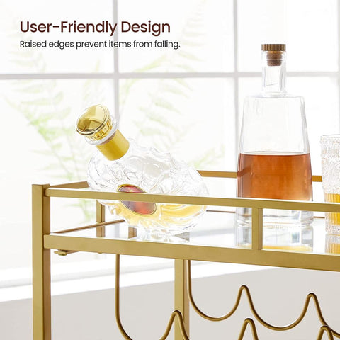 Rootz Serving Trolley - Serving Trolley With Glass Plates - Bar Cart - Rolling Serving Trolley - Kitchen Trolley - Stylish Serving Trolley - Industrial Serving Trolley - Steel - Mirrored Glass - Gold - 80 x 38 x 77.5 cm (L x W x H)
