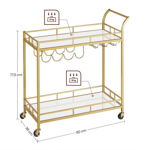 Rootz Serving Trolley - Serving Trolley With Glass Plates - Bar Cart - Rolling Serving Trolley - Kitchen Trolley - Stylish Serving Trolley - Industrial Serving Trolley - Steel - Mirrored Glass - Gold - 80 x 38 x 77.5 cm (L x W x H)