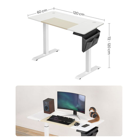 Rootz Height-Adjustable Desk - Standing Desk - Gaming Desk - Electric Desk - Manual Height-Adjustable Desk - White - 60 x 120 x (72-120) cm (D x W x H)