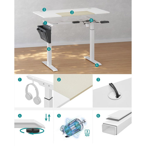 Rootz Height-Adjustable Desk - Standing Desk - Gaming Desk - Electric Desk - Manual Height-Adjustable Desk - White - 60 x 120 x (72-120) cm (D x W x H)