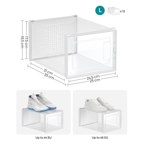 Rootz Shoe Box - Set Of 12 Shoe Boxes - Clear Shoe Boxes - Plastic Shoe Boxes - Shoe Display Boxes - Travel Shoe Boxes - For Shoes Up To Size 46 - Transparent White - 35 x 25.0 x 18.5 cm