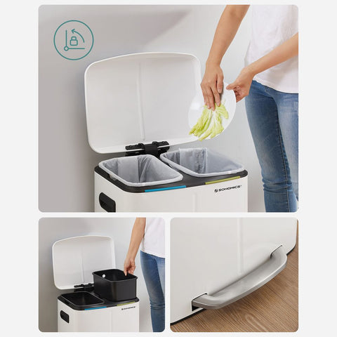 Rootz Rubbish Bin - Trash Bin - Waste Bin - Garbage Bin - Recycling Bin - Outdoor Rubbish Bin - Indoor Rubbish Bin - Kitchen Rubbish Bin - Office Rubbish Bin - White - 44.5 x 36 x 60 cm (L x W x H）
