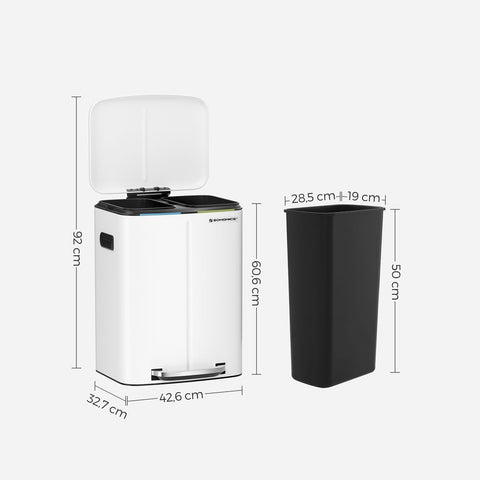 Rootz Rubbish Bin - Trash Bin - Waste Bin - Garbage Bin - Recycling Bin - Outdoor Rubbish Bin - Indoor Rubbish Bin - Kitchen Rubbish Bin - Office Rubbish Bin - White - 44.5 x 36 x 60 cm (L x W x H）