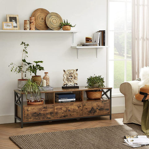 Rootz TV Cabinet - Industrial Style TV Cabinet - With 3 Drawers - TV Stand - TV Console - Wooden TV Cabinet - Industrial TV Cabinet - Chipboard - Steel - Brown-black - 147 x 40 x 50 cm (L x W x H)