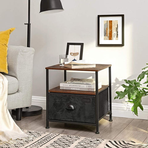 Rootz Side Table - Side Table With Drawer - Accent Table - End Table - Bedside Table - Small Side Table - Wood Side Table - Industrial Side Table - MDF - Metal - Brown-black - 41 x 41 x 47 cm (L x W x H)