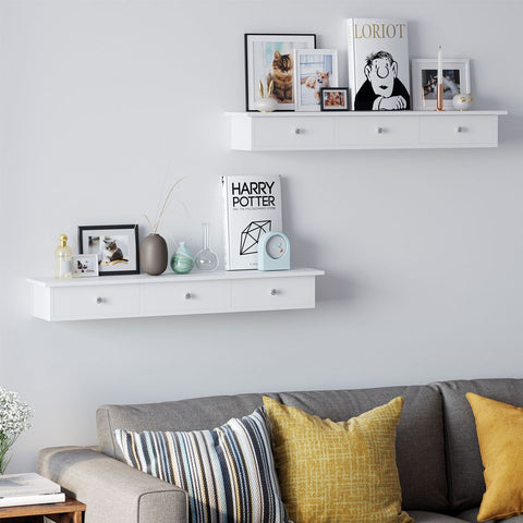 Rootz Wall Shelf - Wall Shelf With Drawers - Floating Wall Shelf - Decorative Wall Shelf - Corner Wall Shelf - Industrial Wall Shelf - Adjustable Wall Shelf - White - 80 x 15 x 10 cm (L x W x H)