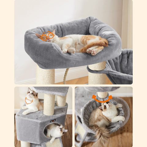 Rootz Cat Tree - Scratching Post With Tunnel - Scratching Post With Litter Box Cabinet - Cat Climbing Tree - Cat Activity Tree - Cat Play Tree - Modern Cat Tree - Cat Tree House - Chipboard - Plush - Sisal - Greige - 80 x 53 x 49.2 cm (L x W x H)