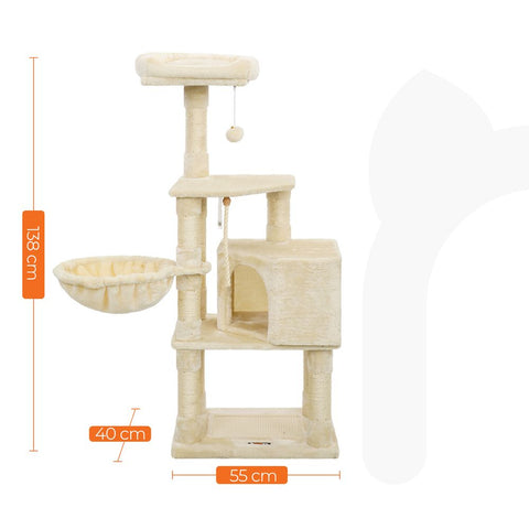 Rootz Cat Tree - Scratching Post With Cave - Scratching Post With Litter Box Cabinet - Cat Climbing Tree - Cat Activity Tree - Cat Play Tree - Modern Cat Tree - Cat Tree House - Chipboard - Plush - Sisal - Beige - 55 x 40 x 138 cm (L x W x H)