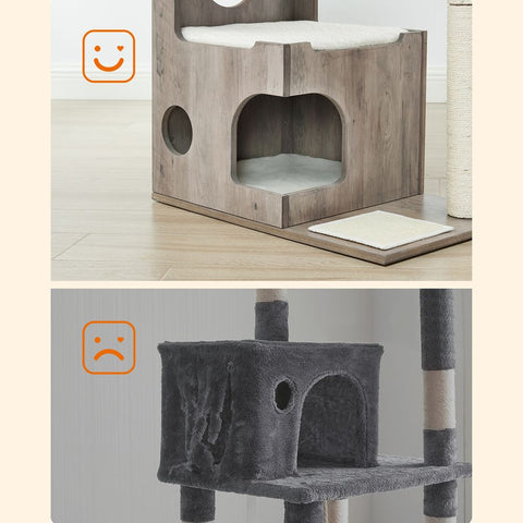 Rootz Scratching Post - Scratching Post With Cave - Cat Tree - Cat Climbing Tree - Cat Activity Tree - Cat Play Tree - Modern Cat Tree - Cat Tree House - Plush - Sisal - MDF - Greige-white - 66 x 40 x 86 cm (L x W x H)
