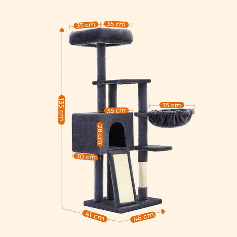 Rootz Cat Tree - Scratching Post With Cave - Cat Tree With Sunbathing Area - Cat Climbing Tree - Cat Activity Tree - Cat Play Tree - Modern Cat Tree - Cat Tree House - Chipboard - Plush - Sisal - Dark Gray - 46 x 41 x 135 cm (L x W x H)
