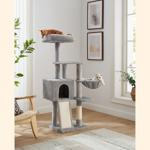Rootz Cat Tree - Scratching Post With Cave - Cat Tree With Platforms - Cat Climbing Tree - Cat Activity Tree - Cat Play Tree - Modern Cat Tree - Cat Tree House - Chipboard - Plush - Sisal -  Light Gray - 46 x 41 x 135 cm (L x W x H)