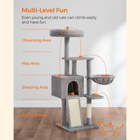Rootz Cat Tree - Scratching Post With Cave - Cat Tree With Platforms - Cat Climbing Tree - Cat Activity Tree - Cat Play Tree - Modern Cat Tree - Cat Tree House - Chipboard - Plush - Sisal -  Light Gray - 46 x 41 x 135 cm (L x W x H)
