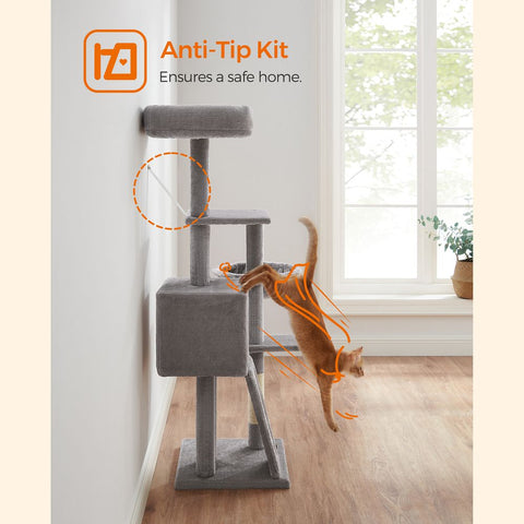Rootz Cat Tree - Scratching Post With Cave - Cat Tree With Platforms - Cat Climbing Tree - Cat Activity Tree - Cat Play Tree - Modern Cat Tree - Cat Tree House - Chipboard - Plush - Sisal -  Light Gray - 46 x 41 x 135 cm (L x W x H)