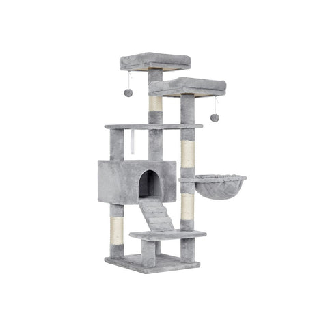 Rootz Scratching Post - Cat Tree - Cat Tree With Soft Plush - Large Cat Tree - Cat Tower - Cat Scratching Post - Multi-level Cat Tree - Wall-mounted Cat Tree - Modern Cat Tree - Cat Tree With Toys - Chipboard - Light Grey - 50 x 45 x 142 cm (L x W x H)
