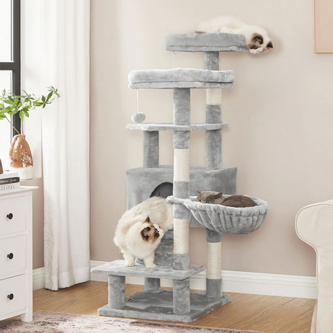 Rootz Scratching Post - Cat Tree - Cat Tree With Soft Plush - Large Cat Tree - Cat Tower - Cat Scratching Post - Multi-level Cat Tree - Wall-mounted Cat Tree - Modern Cat Tree - Cat Tree With Toys - Chipboard - Light Grey - 50 x 45 x 142 cm (L x W x H)